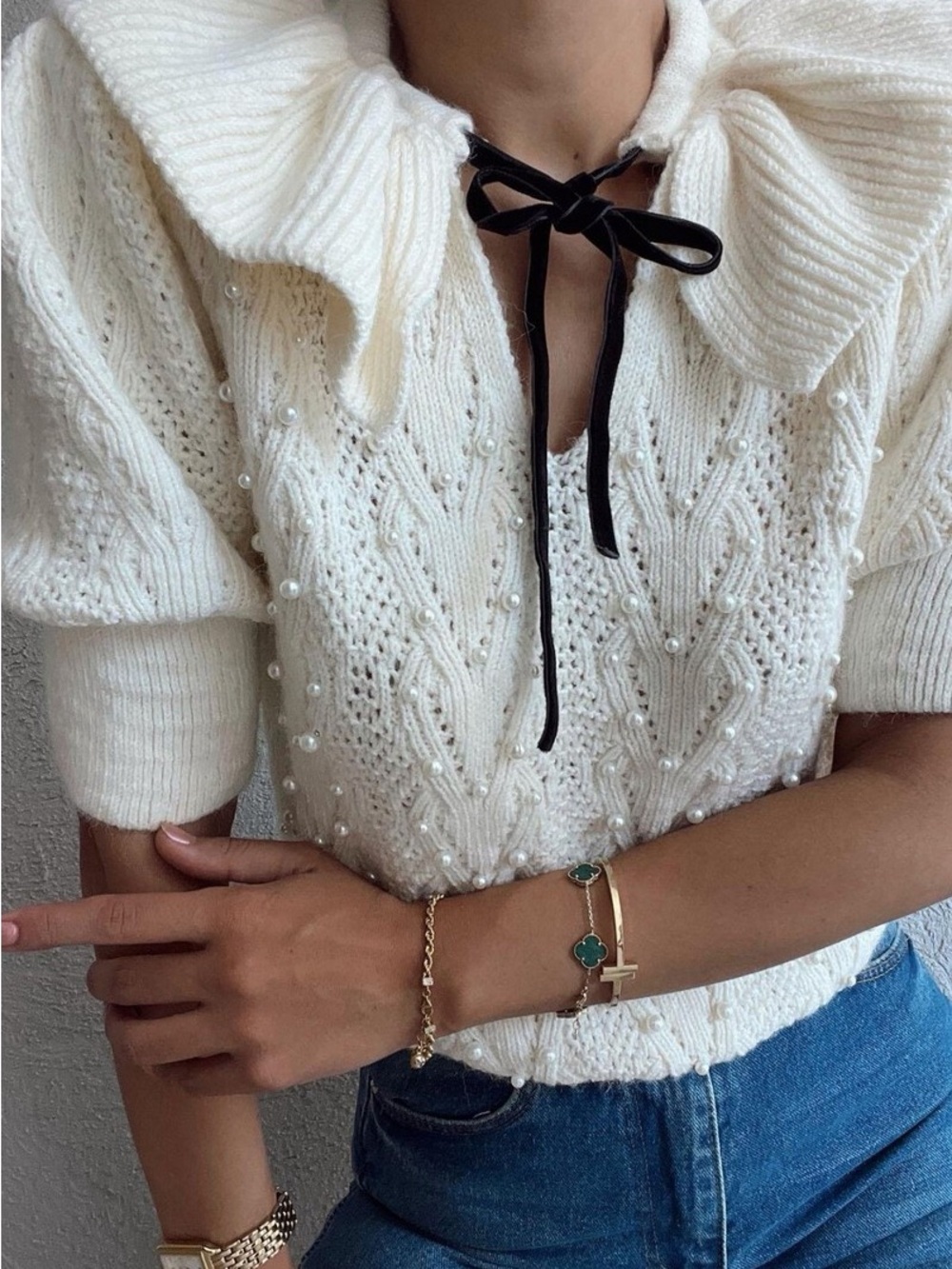 Zara Cream Pearl-Embellished Knit Sweater with Black Ribbon Tie